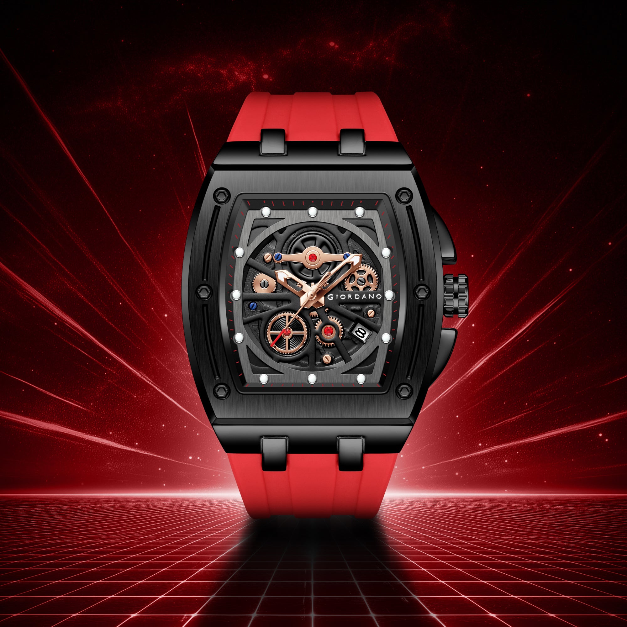 Giordano Sqaure Analog Casual Sporty Watch for Men – Mechanical-Inspired Dial, Date Display, Quartz Movement and Comfortable Silicone Strap | GZ-50151-02